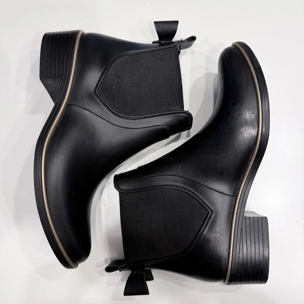 Kate Spade Sedgewick Black Rubber Bow Chelsea Rain Boots W 7 Matte Gold Trim